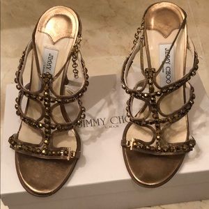 Jimmy Choo Gold Keen Strappy Jeweled Sandals